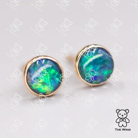 Minimalist 6x6 mm Round Shaped Australian Triplet Opal Stud Earrings 18K Yellow